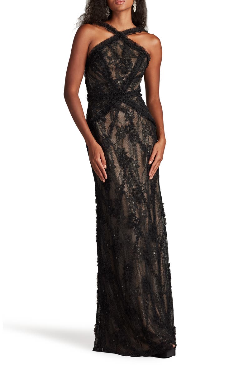 Metallic Floral Cross Neck Gown, Alternate, color, BLACK/ NUDE