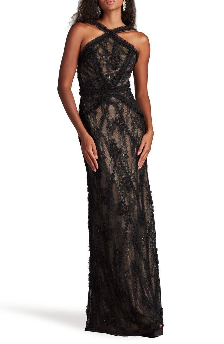 SHO by Tadashi Shoji Metallic Floral Cross Neck Gown, Alternate, color, Black/ Nude
