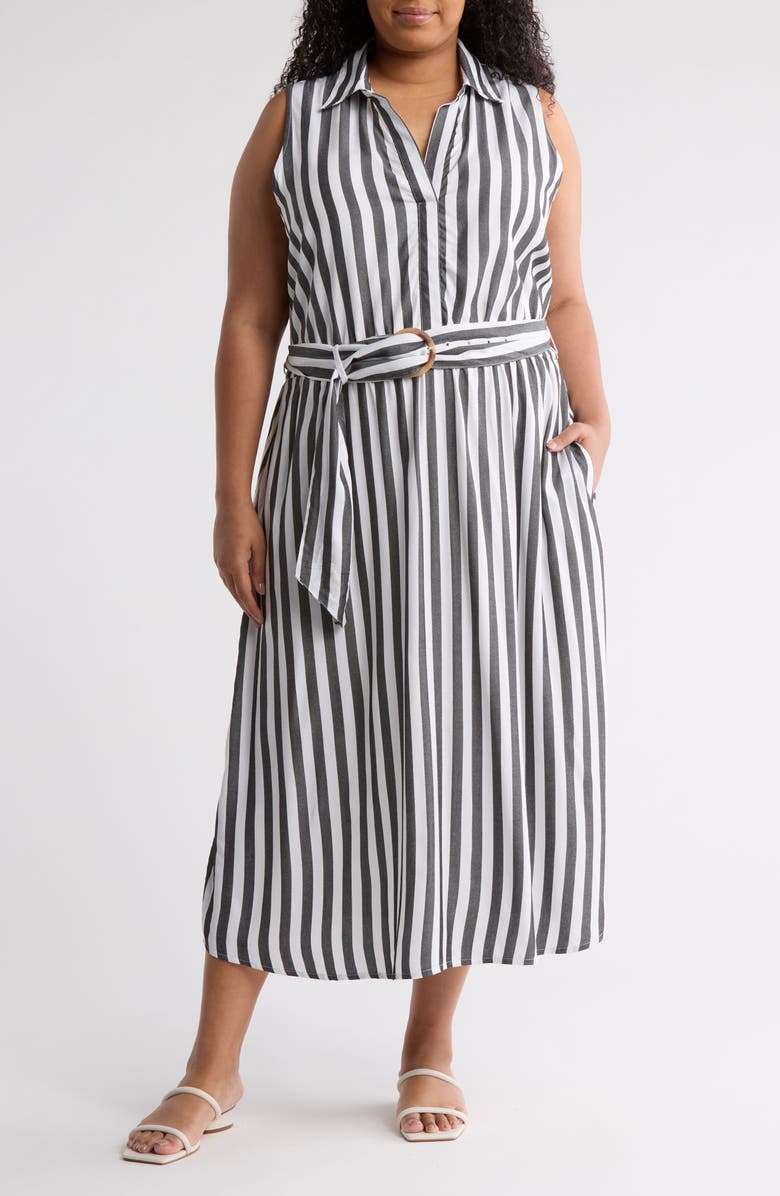 T Tahari Stripe Belted Maxi Shirtdress, Main, color, Black/ White Stripe