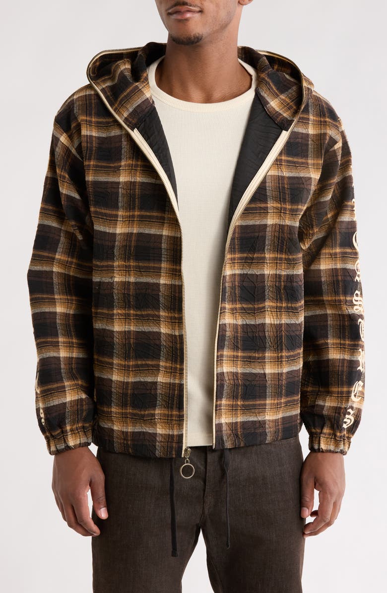 PLEASURES Groove Plaid Zip Poncho Hoodie, Main, color, Brown Plaid