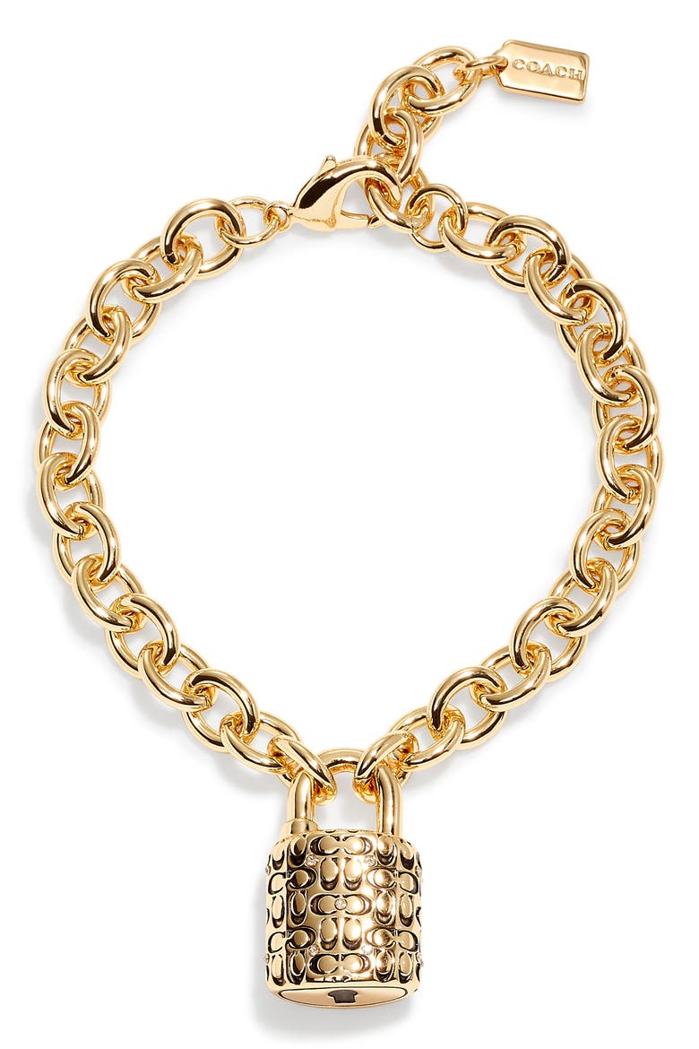Debossed Logo Pendant Bracelet, Main, color, GOLD