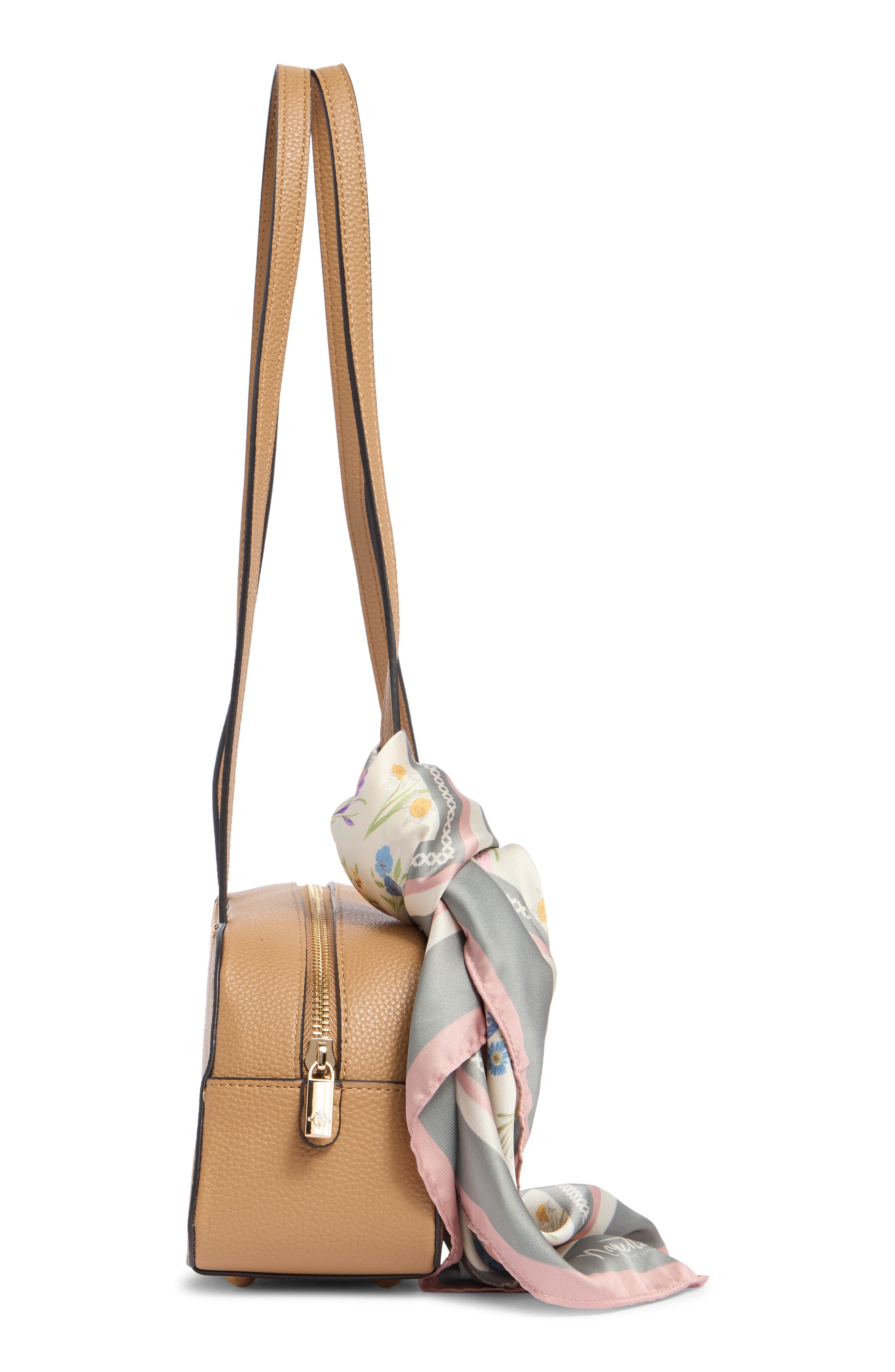 Faux Leather East West Shoulder Bag with Scarf, Alternate, color, BROWN SUGAR
