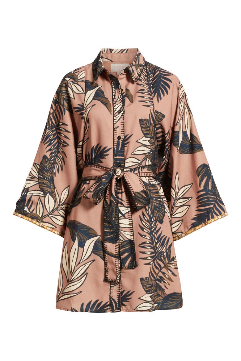 Gaia Leaf Print Mini Shirtdress, Alternate, color, TAUPE