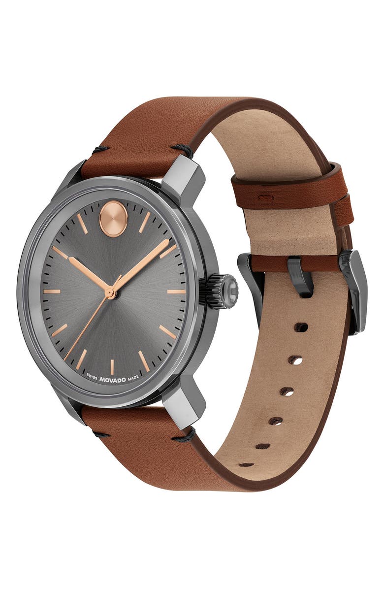 Movado Bold Access Leather Strap Watch, 41mm, Alternate, color, Gray Dial
