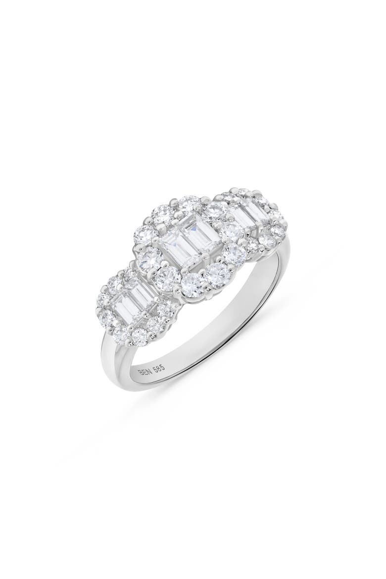 Triple Baguette Diamond Round Halo Ring in 14K White Gold, Alternate, color, 14K White Gold