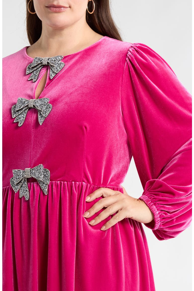 Glow Bow Velvet Long Sleeve Dress, Alternate, color, HOTPINK