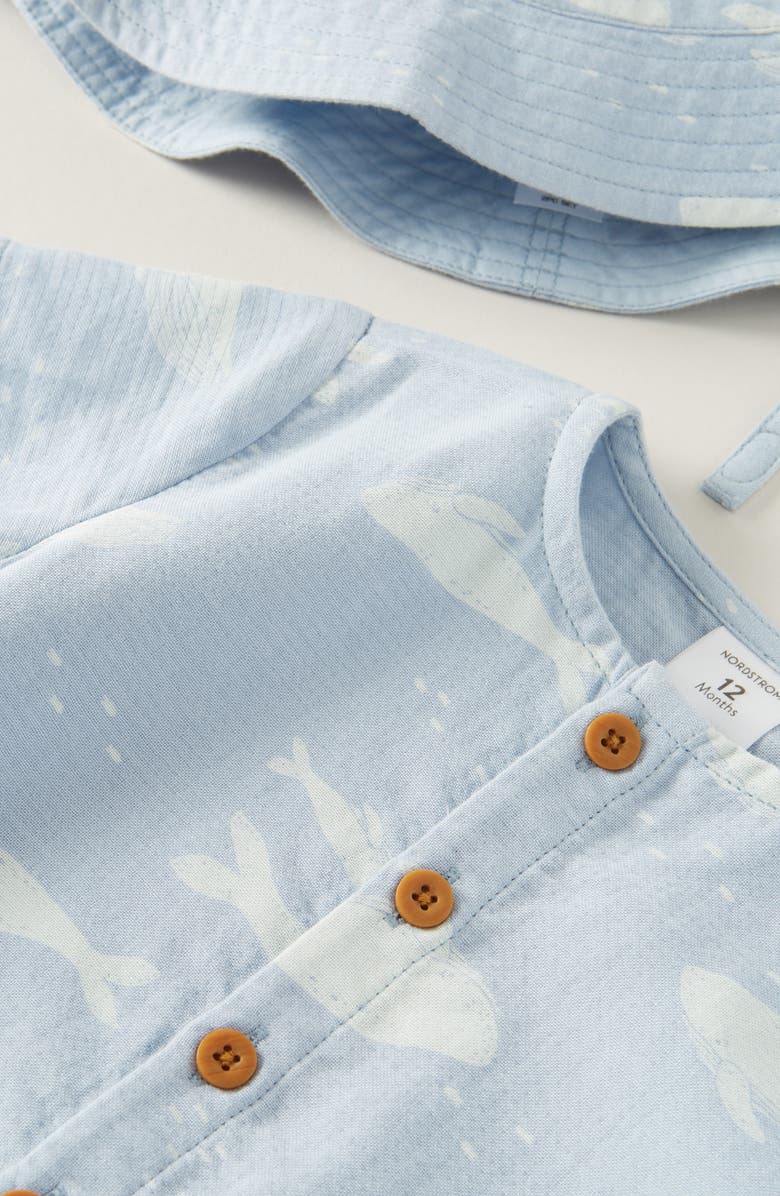 Nordstrom Print Cotton Henley Romper & Hat Set, Alternate, color, Blue Fog Whale Party