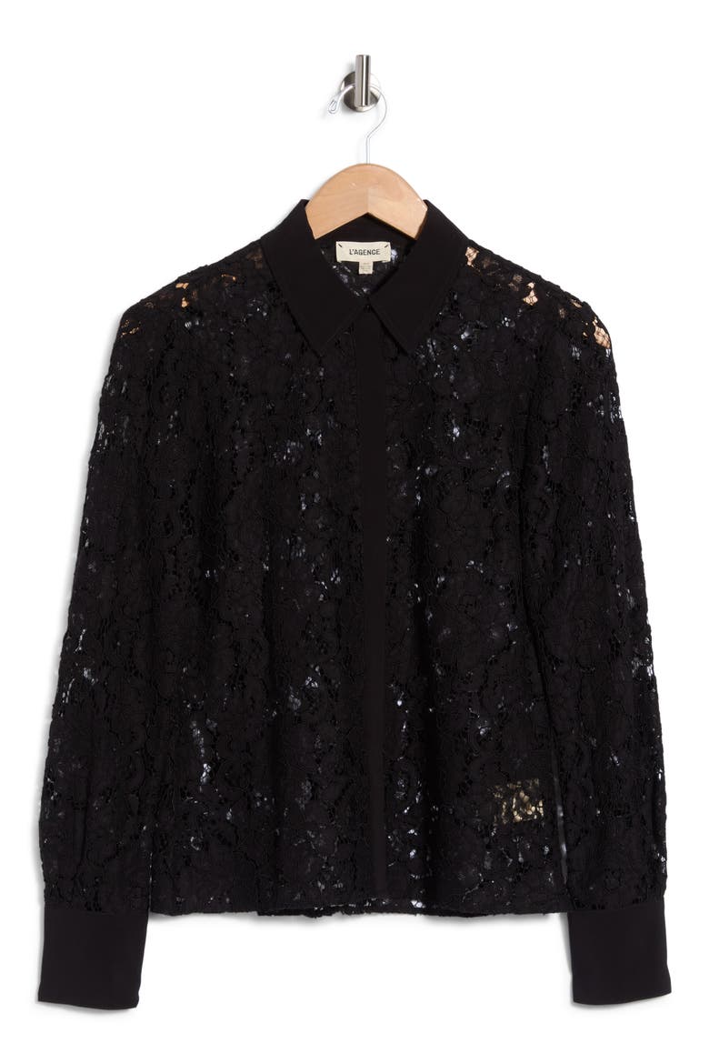 Maia Lace Button-Down Shirt, Main, color, BLACK