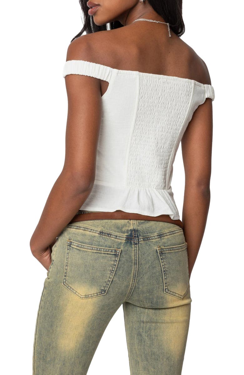 EDIKTED Ali Off the Shoulder Cotton Button-Up Top, Alternate, color, White