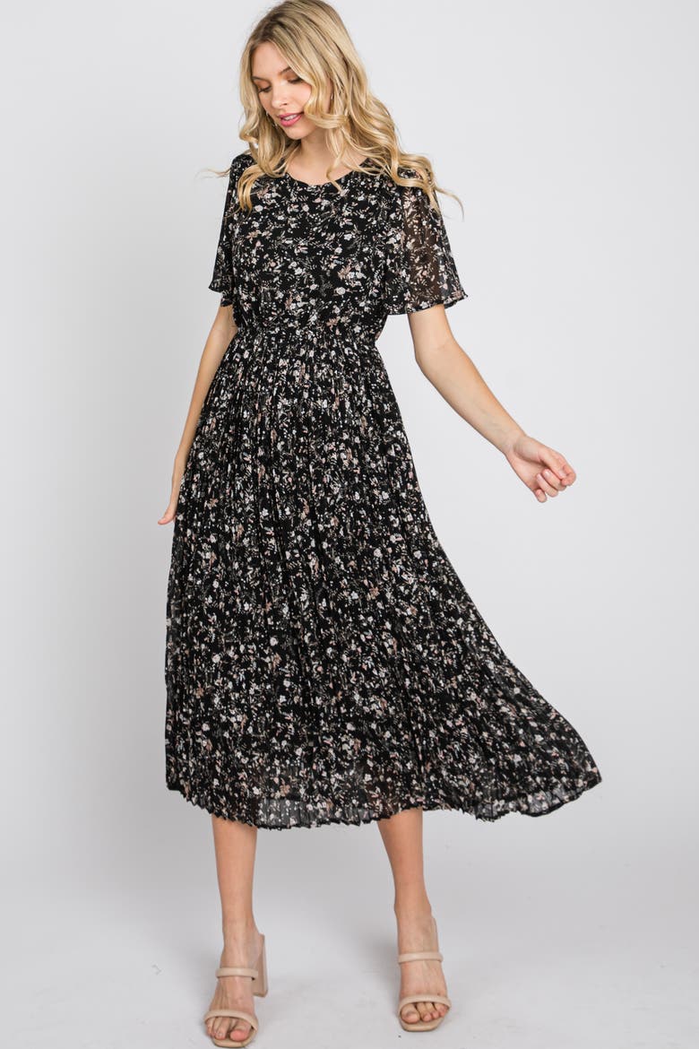 Floral Pleated Chiffon Midi Dress, Main, color, Black