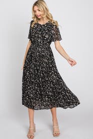 PinkBlush Floral Pleated Chiffon Midi Dress
