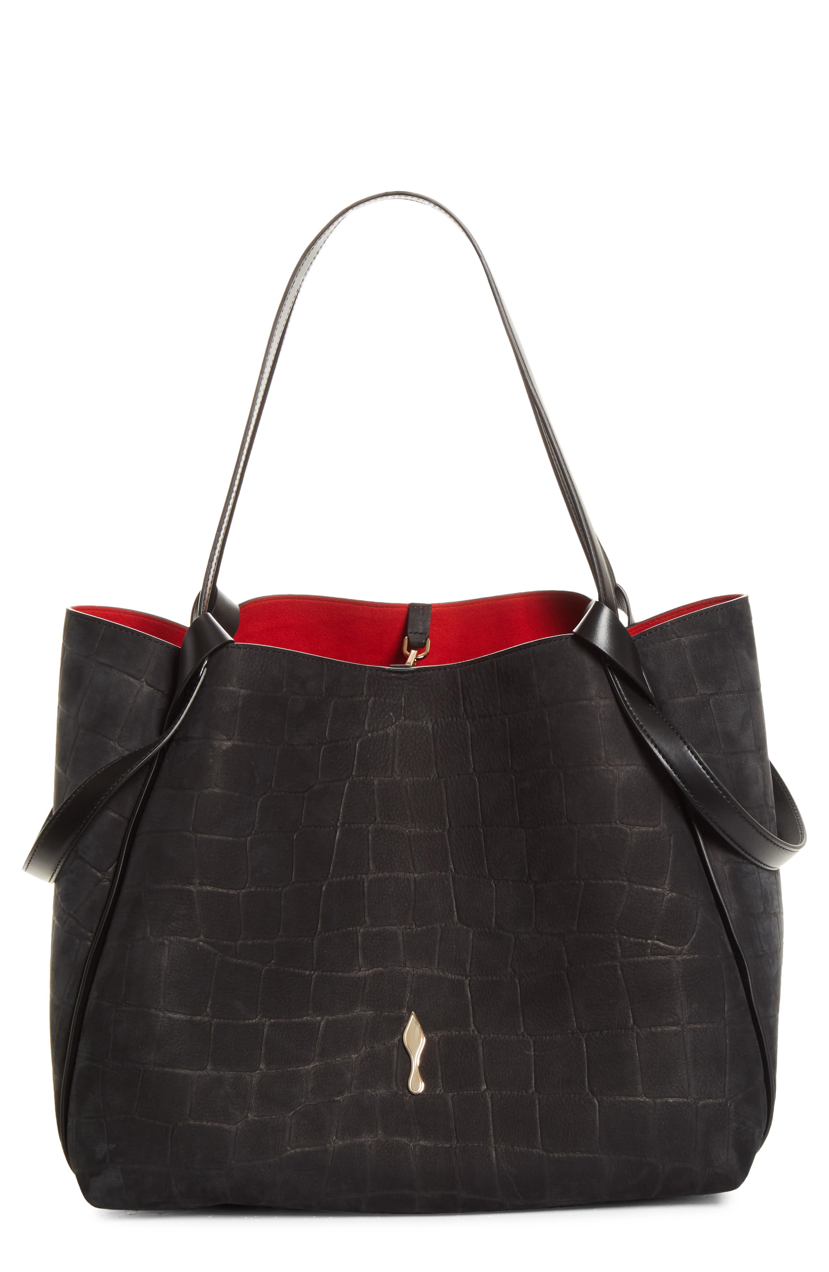 Large Bettina Croc Embossed Nubuck Leather Tote, Main, color, BK01 BLACK