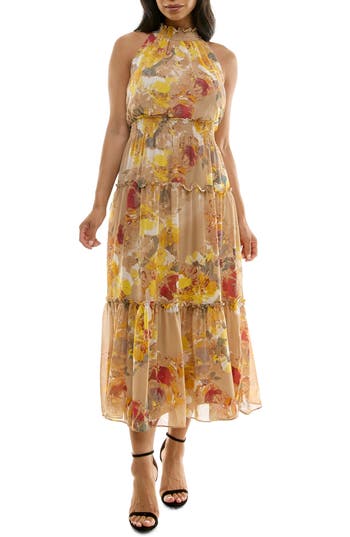 Nina Leonard Floral Sleeveless Tiered Chiffon Maxi Dress In Tan Wine Multi