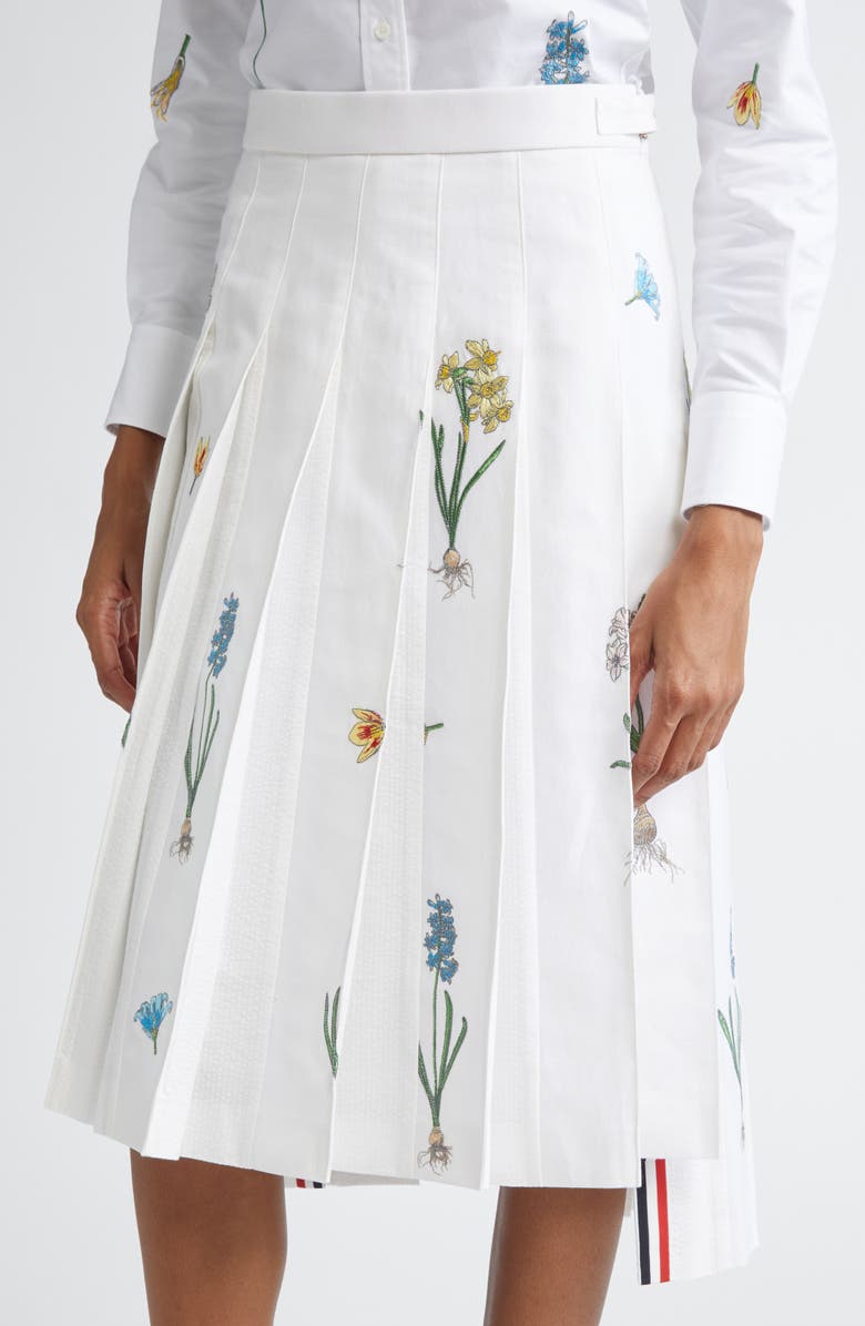 Thom Browne Botanical Embroidered Pleated Cotton & Linen Midi Skirt, Alternate, color, White