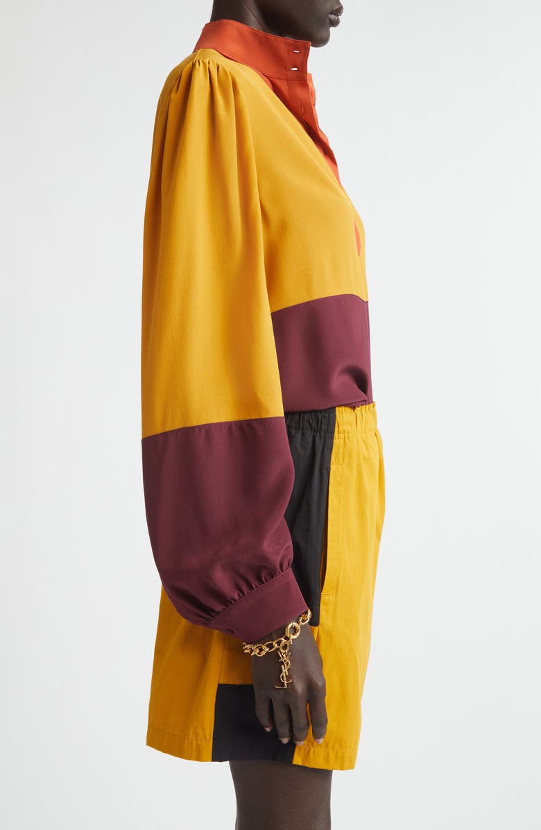 Saint Laurent Colorblock Silk Crêpe de Chine Half-Placket Shirt, Alternate, color, Lie De Vin