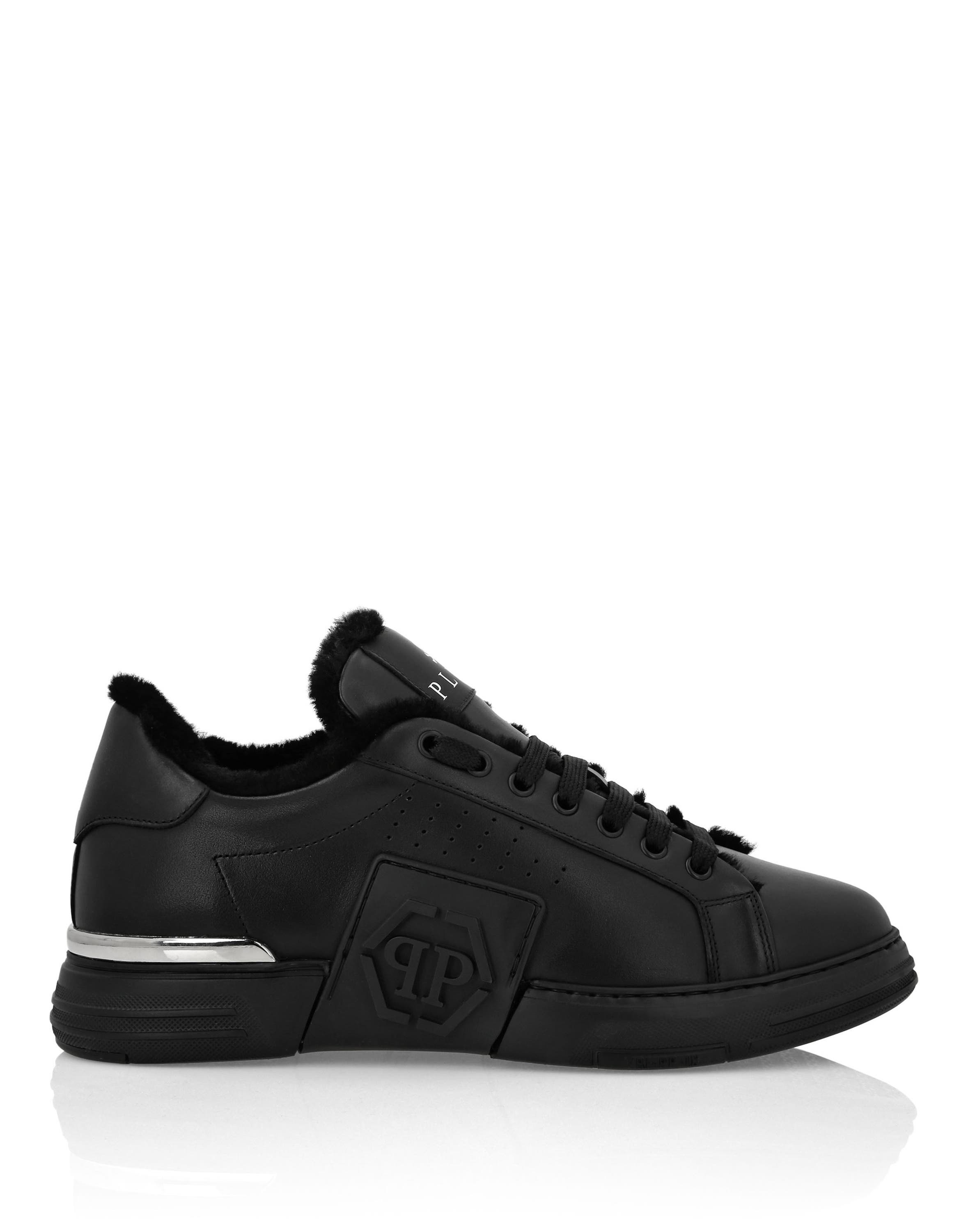 Nappa Leather Lo-Top Sneakers With Fur Hexagon Unisex, Alternate, color, black/black