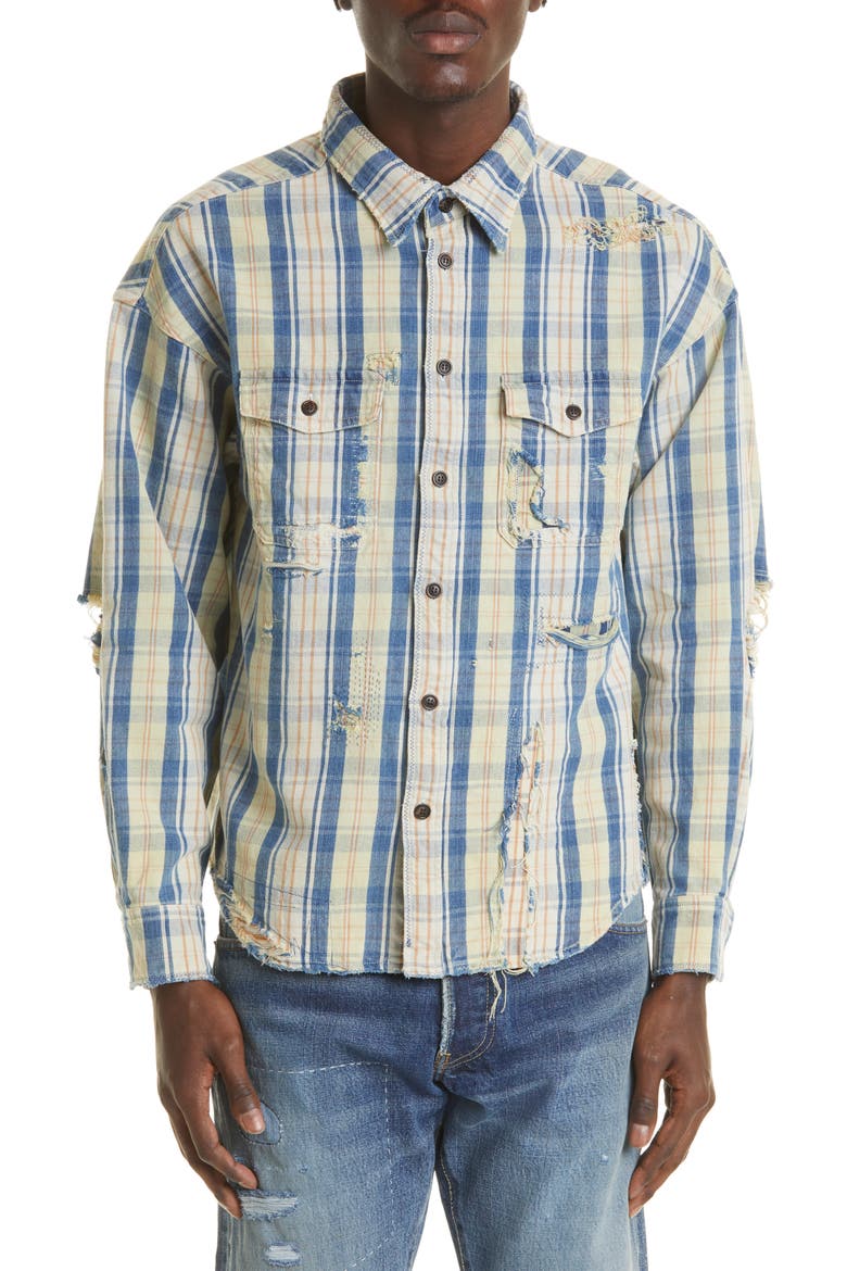 Men's Pioneer Crash Distressed Check Cotton & Linen Button-Up Shirt, Main, color, DARK INDIGO