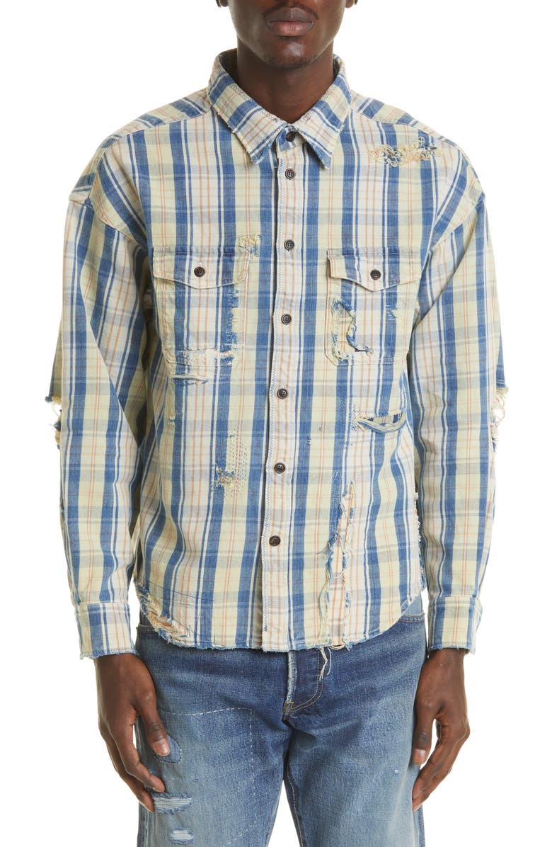 VISVIM Men's Pioneer Crash Distressed Check Cotton & Linen Button-Up Shirt, Main, color,