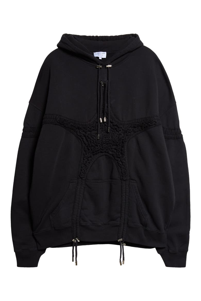 Soft Star Drawstring Ruched Cotton Hoodie, Main, color, BLACK