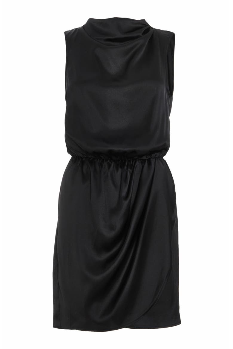 Sleeveless Ruched Satin Mini Dress, Alternate, color, Black