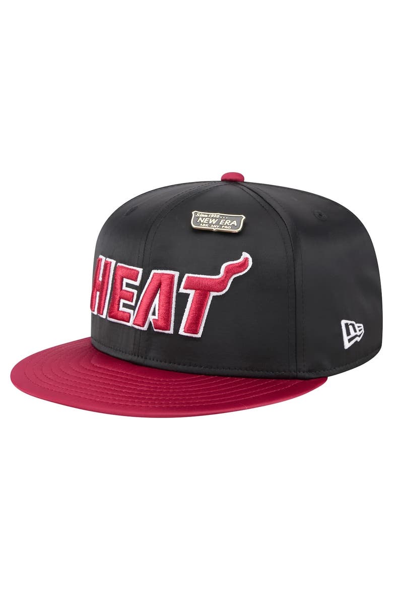 Men's New Era  Black/Red Miami Heat Throwback Satin Vintage Pin Two-Tone 59FIFTY Fitted Hat, Alternate, color, Black