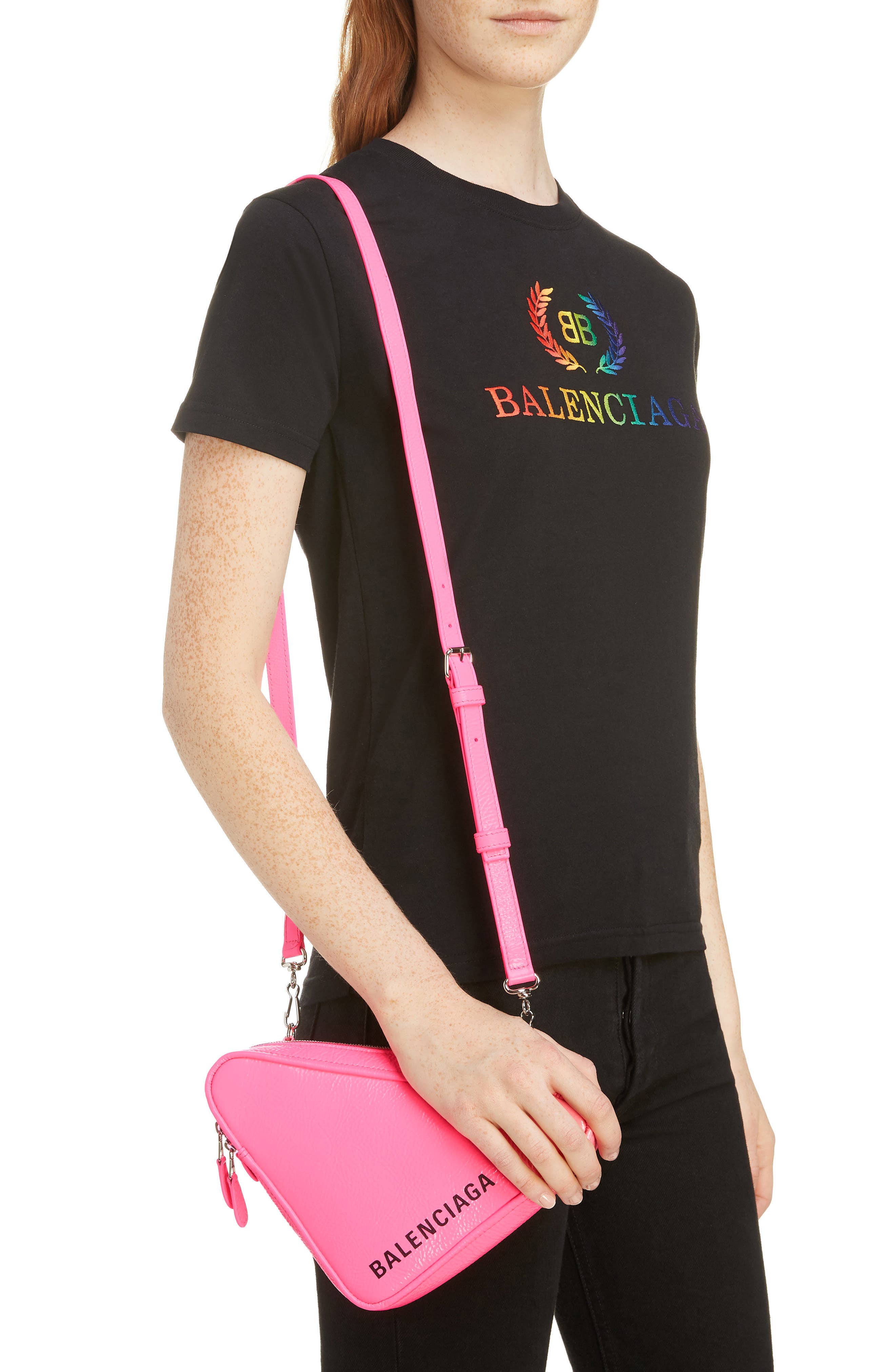Triangle Calfskin Crossbody Bag, Alternate, color, ACID PINK/ BLACK