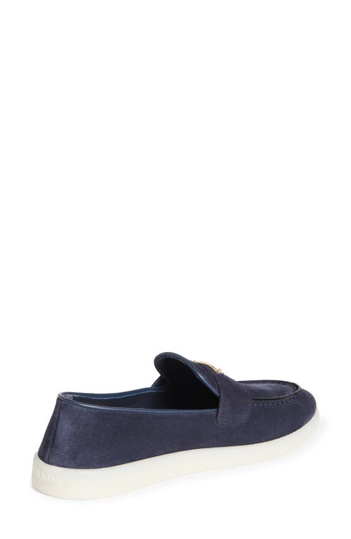 Prada Enamel Triangle Logo Suede Loafers In Bleu
