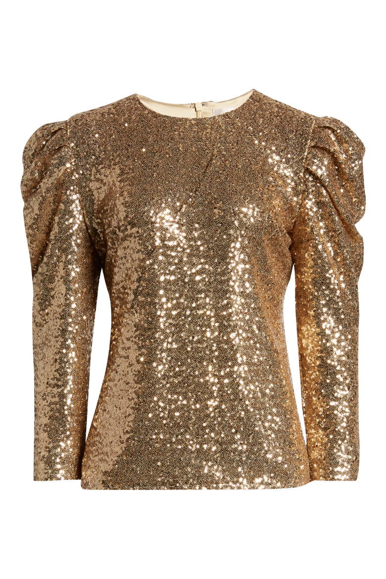 Rachel Parcel Sequin Puff Shoulder Top, Alternate, color, GOLD