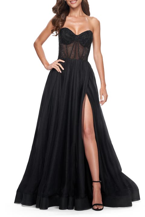 A-Line Tulle Prom Dress with Rhinestone Fishnet Bodice