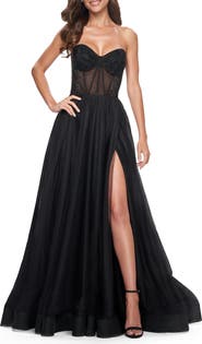 La Femme A-Line Tulle Prom Dress with Rhinestone Fishnet Bodice