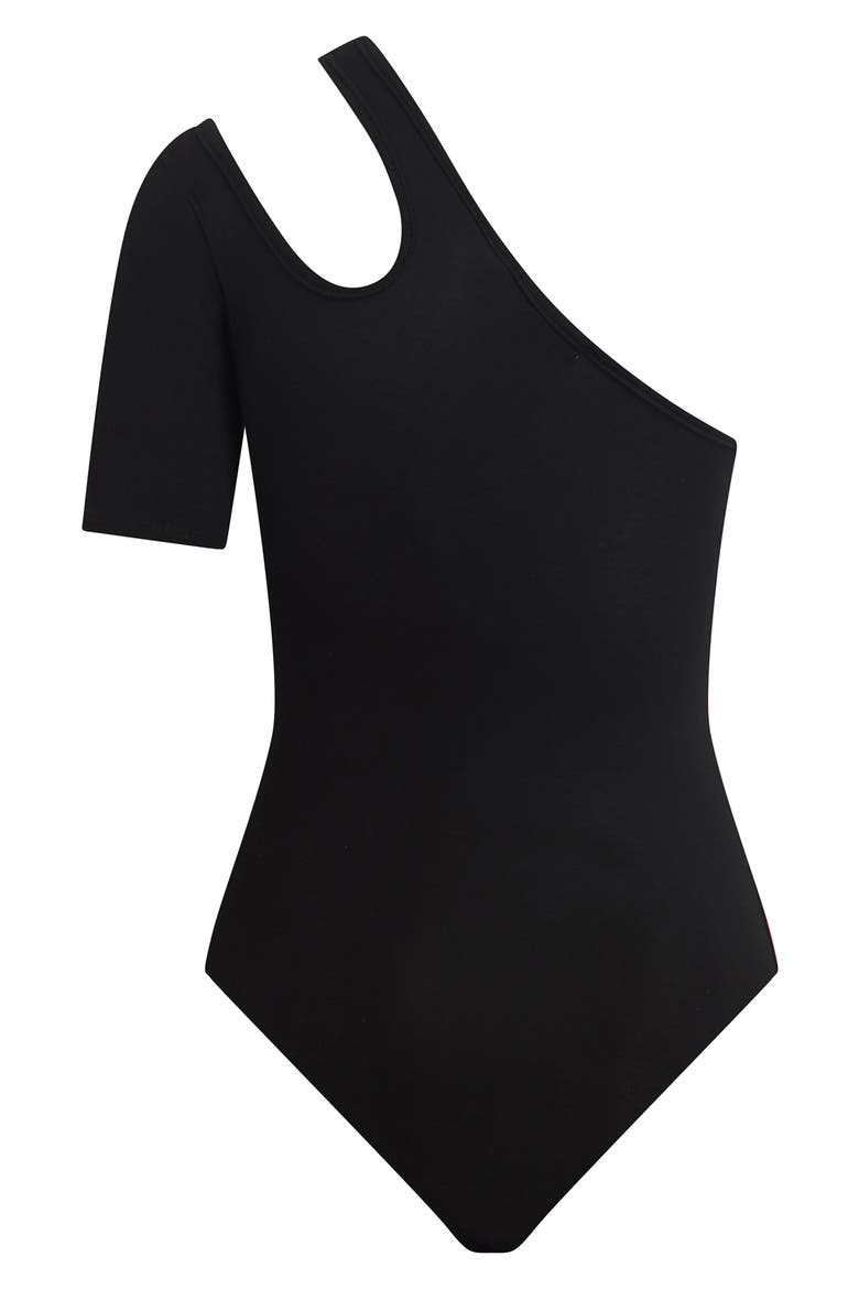Asymmetric Cutout One-Shoulder Bodysuit, Alternate, color, BLACK