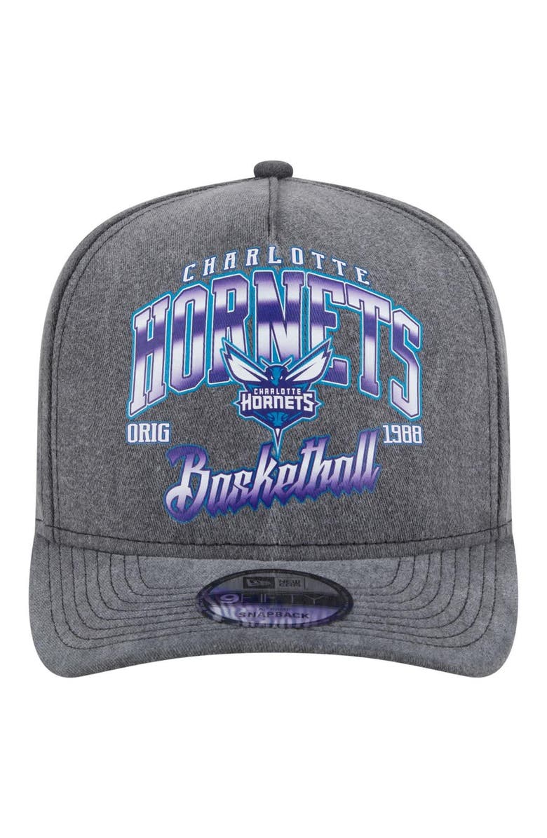 New Era Men's New Era Charcoal Charlotte Hornets Throwback Washed Pre-Curved 9FIFTY Snapback Hat, Alternate, color,