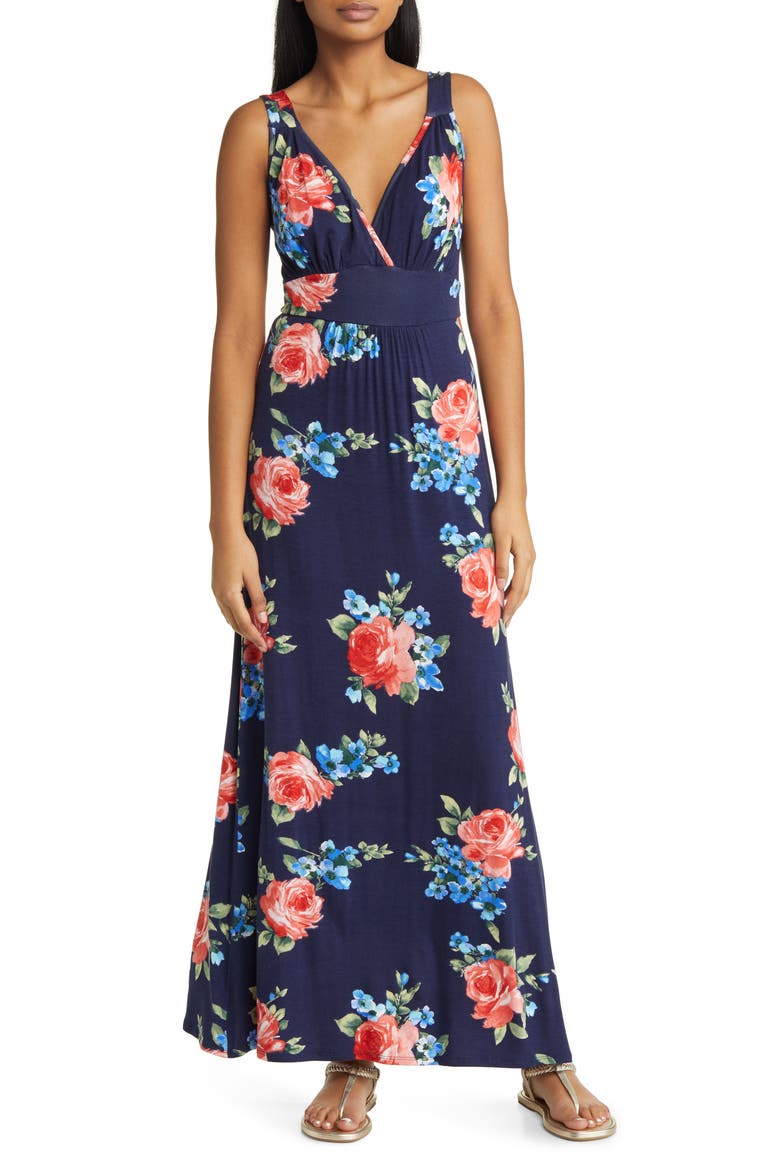 Floral Surplice V-Neck Knit Maxi Dress, Main, color, NAVY/ RED