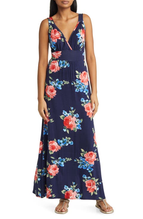 Floral Surplice V-Neck Knit Maxi Dress