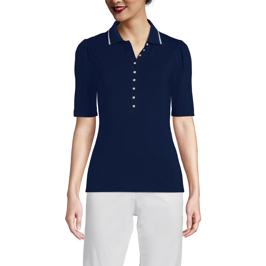 LANDS' END LANDS' END ELBOW SLEEVE LIGHTWEIGHT JERSEY EMBELLISHED POLO