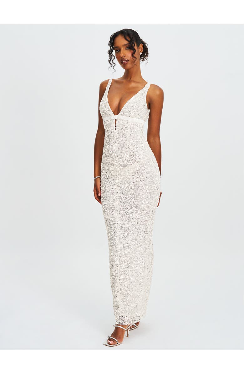 Miss Circle Adelaide Beaded Sequin Net Bodycon Gown, Alternate, color, White