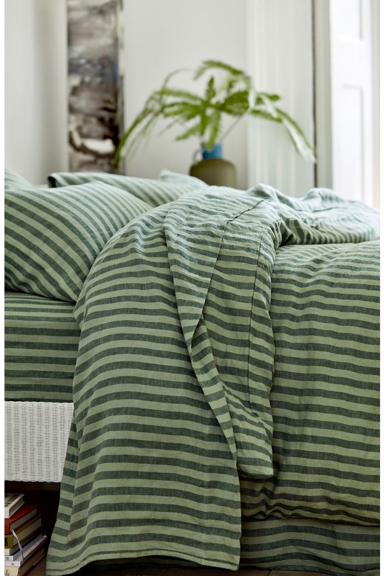 Pembroke Stripe Linen Flat Sheet, Alternate, color, PINE GREEN PEMBROKE STRIPE