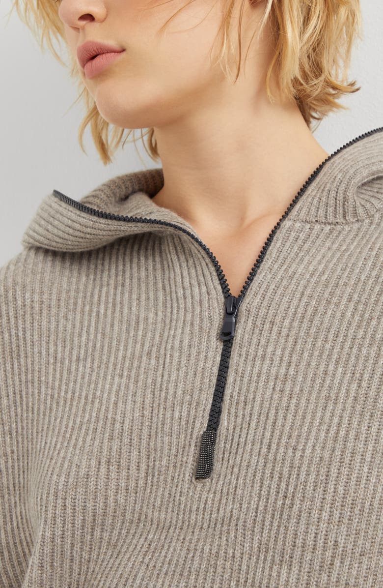 Brunello Cucinelli Cashmere English rib knit hooded sweater with shiny detail, Alternate, color, 