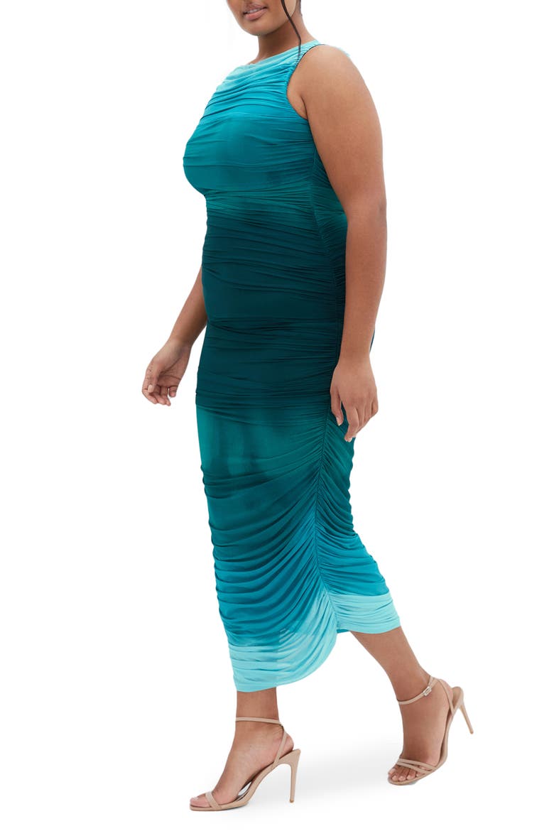 Halo Ombré Ruched Sleeveless Maxi Dress, Alternate, color, SEA OMBRE