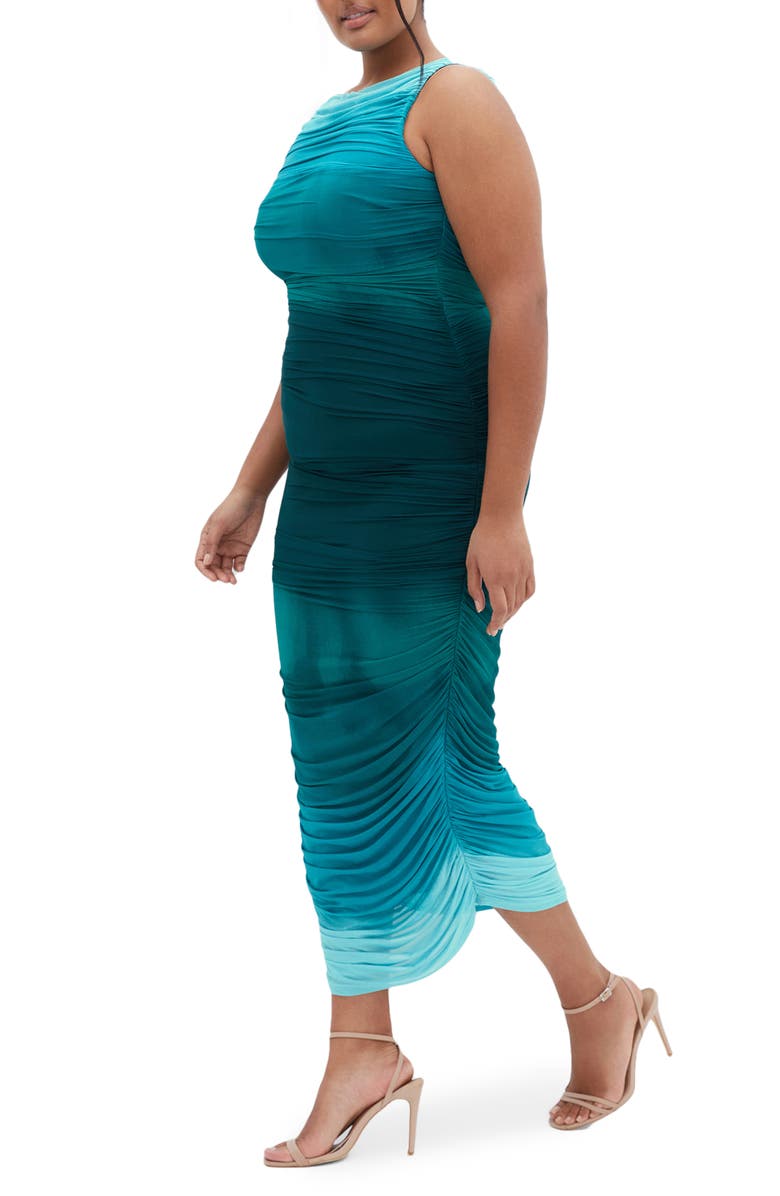 City Chic Halo Ombré Ruched Sleeveless Maxi Dress, Alternate, color, Sea Ombre