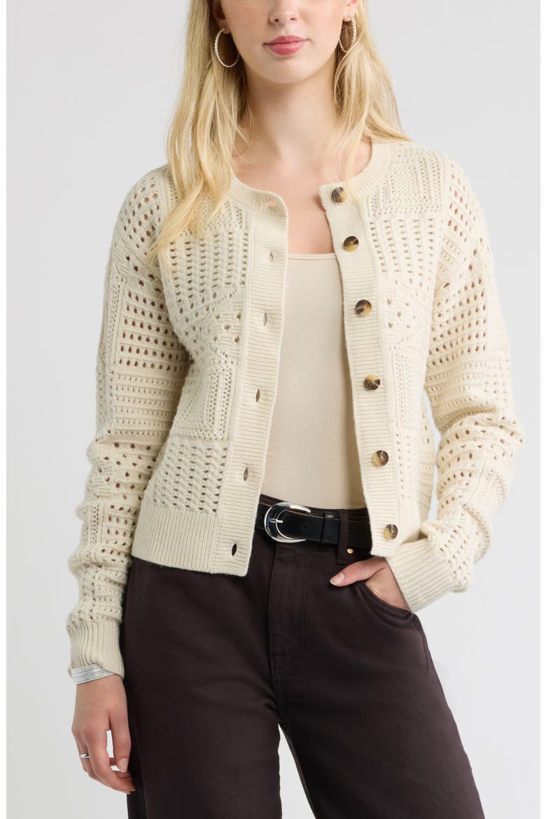 Patchwork Pointelle Cardigan, Alternate, color, IVORY DOVE