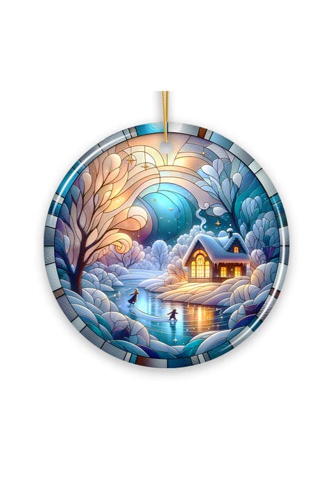 Winter Lake Cabin Stained Glass Themed Ceramic Ornament