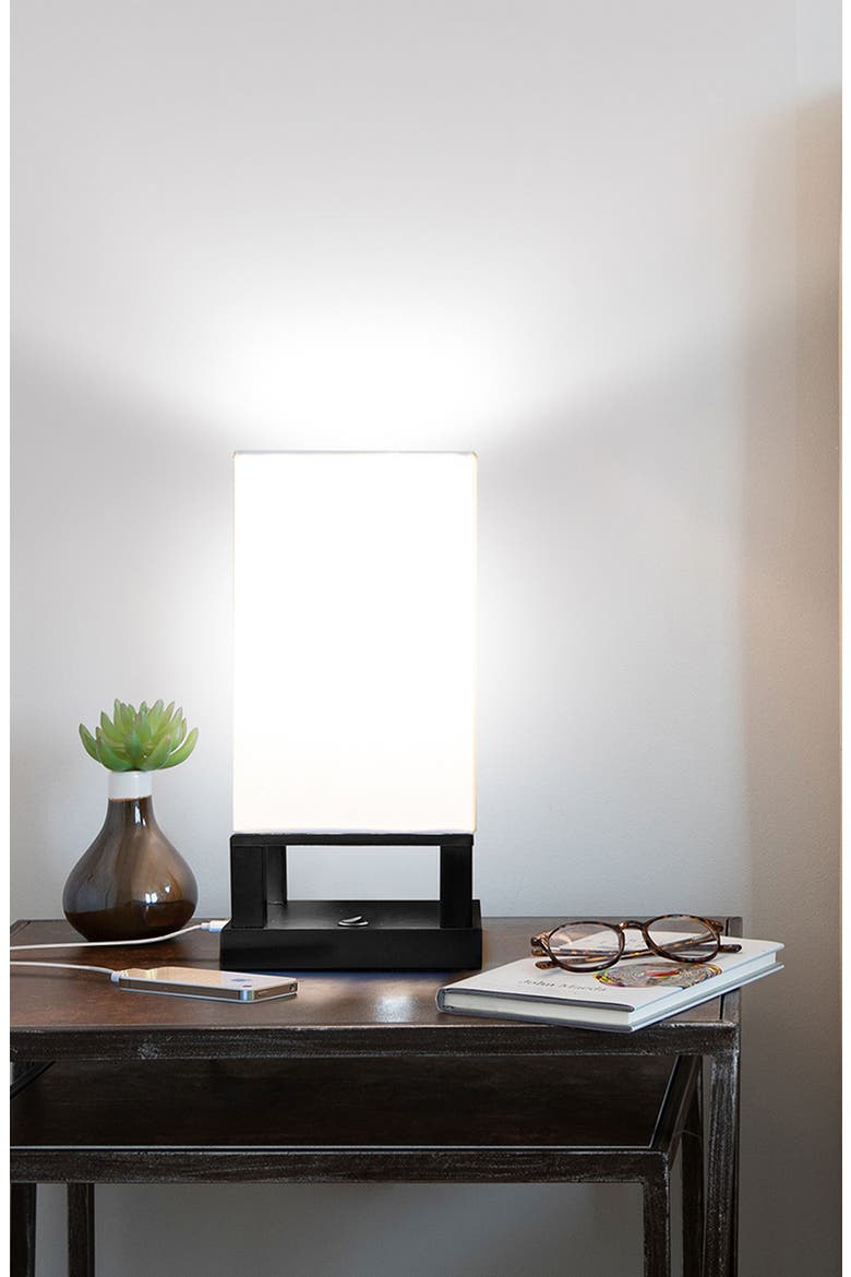 Maxwell Table 14" Modern LED Japandi-Inspired Bedside Table Lamp with USB Charging Port, Bulb Included, Alternate, color, BLACK