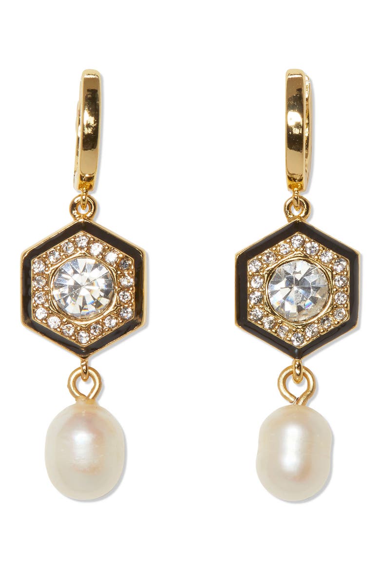 Freshwater Pearl & Crystal Huggie Hoop Earrings, Main, color, GOLD-JET BLACK-CRYSTAL-IVORY P