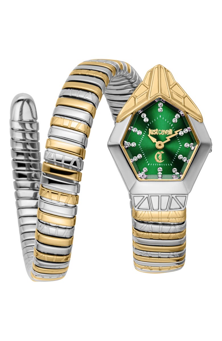 Just Cavalli Snake Bracelet Watch, 23mm x 32.5mm, Main, color, Two Tone Silver/ Gold/Green