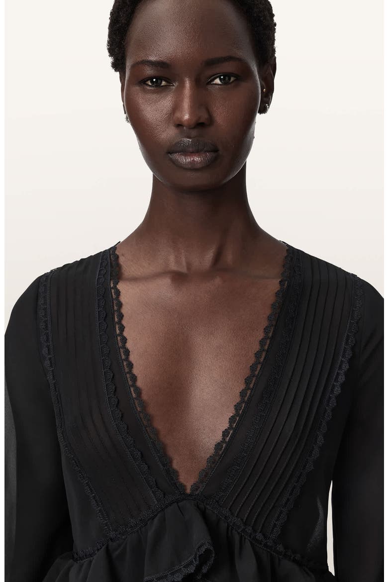 Plunge Neck Tiered Ruffle Lace Trim Top, Alternate, color, BLACK