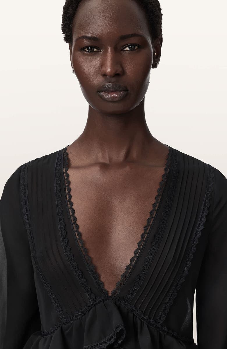 AllSaints Plunge Neck Tiered Ruffle Lace Trim Top, Alternate, color, Black