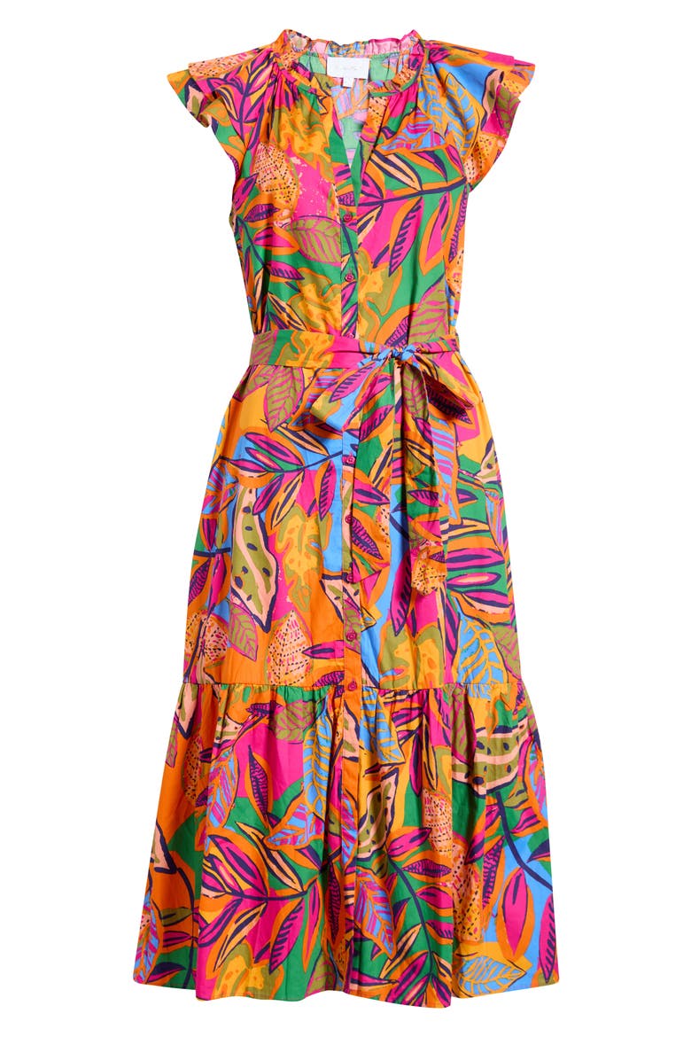 Milana Tropical Print Tiered Cotton Midi Dress, Alternate, color, ORANGE-PINKS-MULTI
