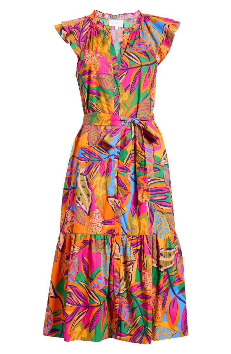 SUGARLIPS Milana Tropical Print Tiered Cotton Midi Dress, Alternate, color, Orange-Pinks-Multi