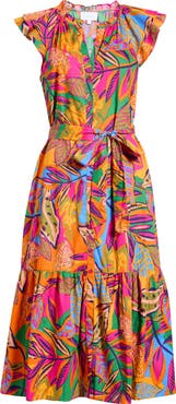 SUGARLIPS Milana Tropical Print Tiered Cotton Midi Dress
